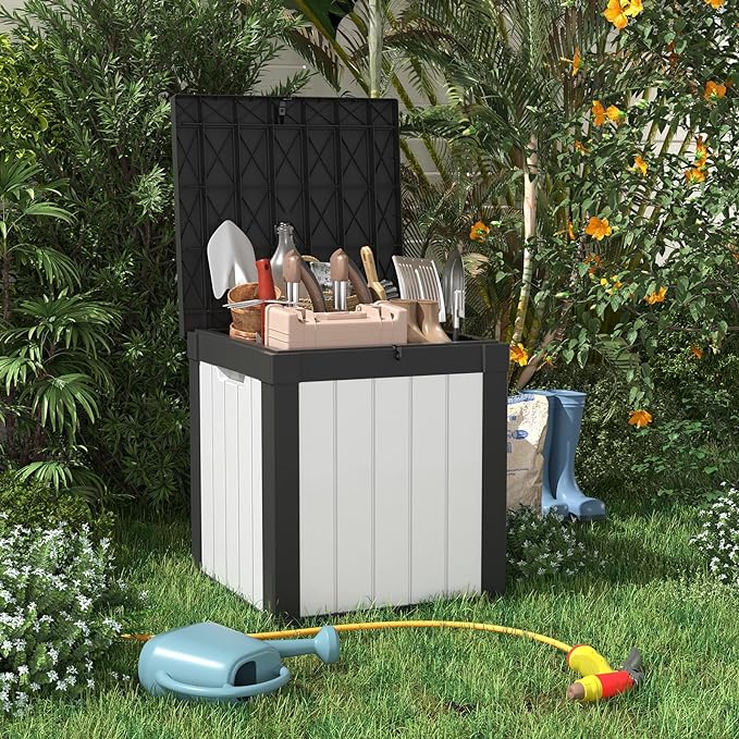50 Gallon Resin Deck Box, Lockable Patio Outdoor Storage Box for Furniture, Garden Tools and Tools Storage, Waterproof Outside Storage Boxes - Black&White
