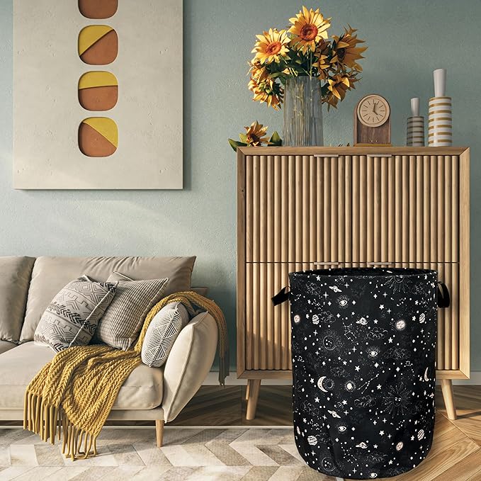 Moon and Stars Laundry Basket Foldable With Handles Colorful Tote Bag Oxford Cloth Funny Galaxy Laundry Hamper Clothes Storage Bucket Toy Organizer 18.9"x16.5" For Bathroom/Laundry/Bedroom