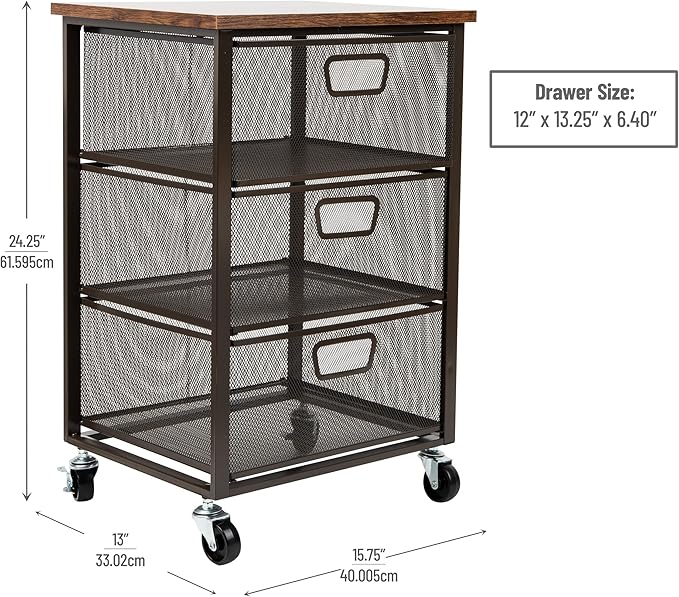 Mind Reader 3-Drawer Storage Organizer, Office Organizer with Wood Top, Multipurpose Portable Cabinet with Removable Wheels, Metal Mesh, Black