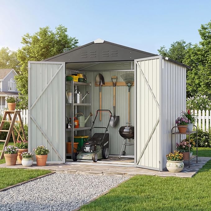 Devoko 6 x 4 FT Metal Storage Shed with Floor Frame Waterproof Garden Tool Shed with Lockable Door, Outdoor Shed Storage House for Backyard Patio Lawn, White