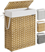 SONGMICS Slim Laundry Hamper with Lid, 14.5 Gallon (55L) Rattan Clothes Laundry Basket with Lid and Handles, Foldable, Removable Liner, Goose Yellow ULCB164N01