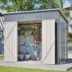 4x8 FT Outdoor Storage Shed,Slope Roof Storage Metal Garden Shed Steel with Reinforced Beams,All Weather Waterproof Garden Tool House W/Lockable Door & 4 Air Vents,for Backyard,Patio,Lawn,Grey