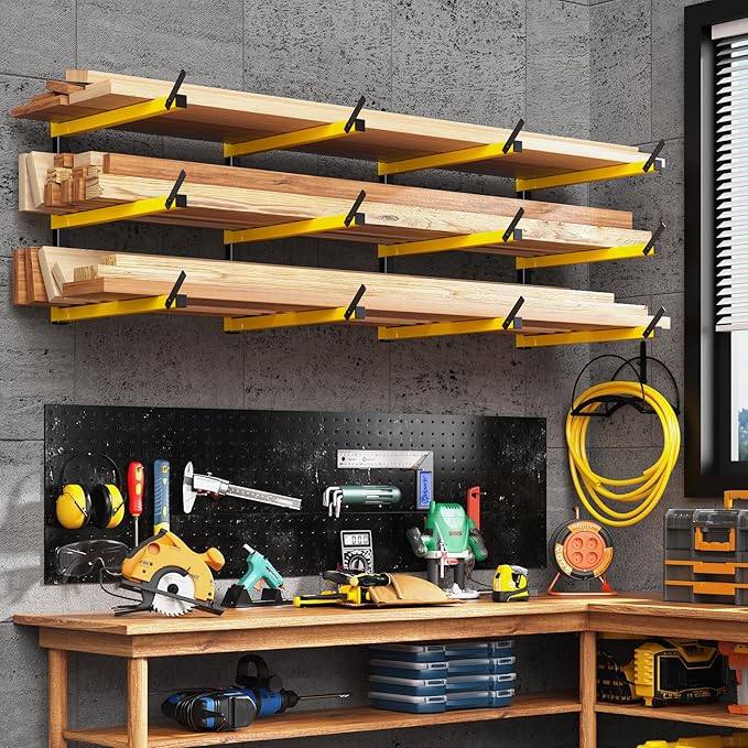 GREENER Lumber Storage Rack Folding Wood Storage Racks Wall-Mounted Metal Racks for Storage with 6-Level Heavy Duty Garage Wood Organizer for Woodworking Shop Indoor & Outdoor Use, 2 pairs,Yellow