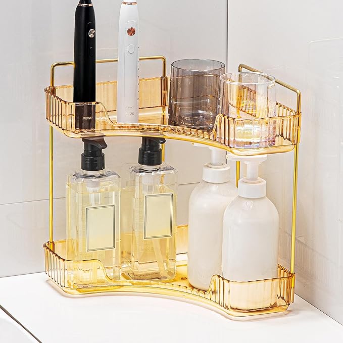 Corner Bathroom Counter Organizer Bathroom Countertop Shelf Makeup Organizer for Vanity Perfume Tray for Corner Storage (2 Tiers, Gold)