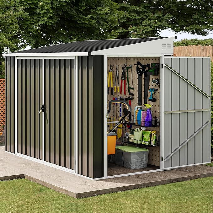 DWVO 7x4 FT Outdoor Weatherproof Storage Shed, Secure Metal Bike Shed w/Lockable Entry, Garden Storage Solution for Lawn Equipment, Tools, Waste Bin, Dark Gray