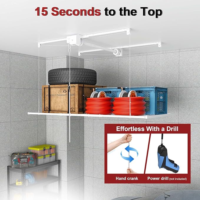 4x4 Garage Ceiling Storage Racks With Crank Lift, Garage Overhead Storage Racks For High Ceilings 10–12 Ft, 250 Lbs Load Capacity, All-Steel Frame, Garage Organization System (6 x 3)