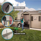 Lifetime 15×8 Ft Dual‑Entry Outdoor Storage Shed, Steel‑Reinforced, UV‑Protected, Weather‑Resistant Backyard Garden Shed with Skylights, Windows & Shelving, Desert Sand