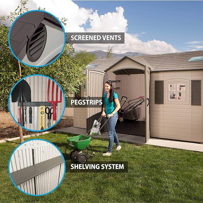 Lifetime 15×8 Ft Dual‑Entry Outdoor Storage Shed, Steel‑Reinforced, UV‑Protected, Weather‑Resistant Backyard Garden Shed with Skylights, Windows & Shelving, Desert Sand