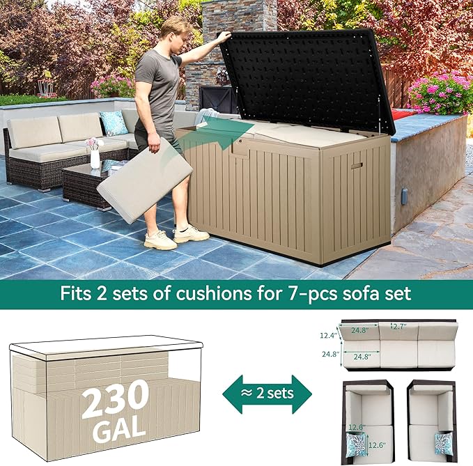 YITAHOME 230 Gallon Large Deck Box with Divider & Side Handles, Outdoor Double-Wall Storage for Patio Furniture Cushions, Garden Pool Accessories, Waterproof & Lockable