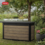 Keter Ashwood 100 Gallon Resin Deck Box Organization and Storage for Patio Furniture Outdoor Cushions, Throw Pillows, Garden Tools and Pool Toys, Brown