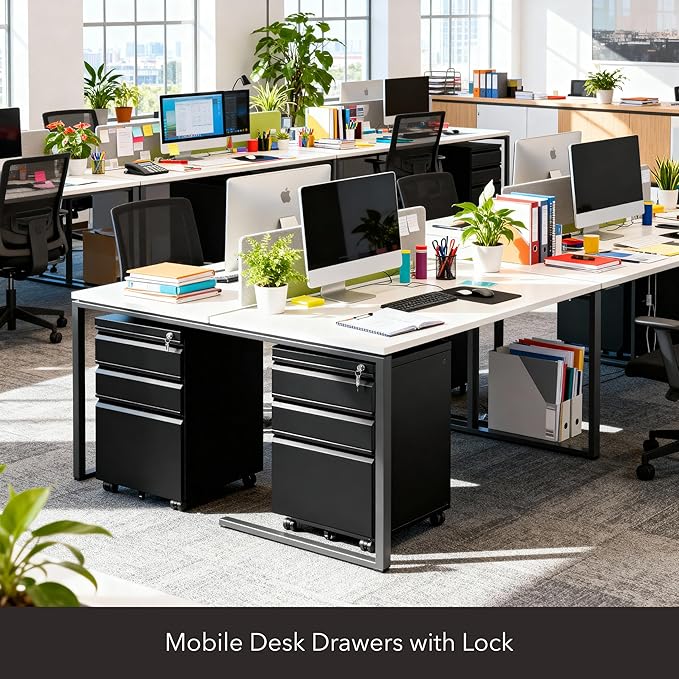 Mount-It! 3 Drawer File Cabinet with Lock and Wheels, Heavy-Duty Steel Rolling Drawer Cabinet, Fully Assembled Under Desk Filing Cabinet for Home Office Storage, 15.3" W x 19.75" D x 24.5" H, Black