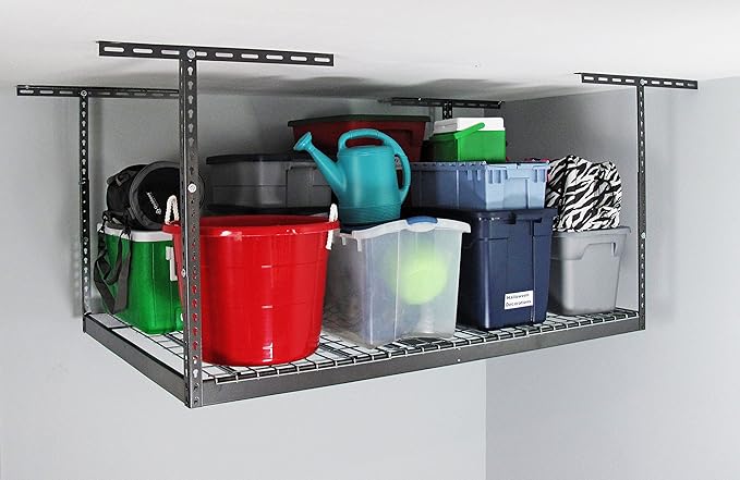 MonsterRax Overhead Garage Storage Racks 4x6 (2-Pack) Ceiling Mounted Shelving, Adjustable Hanging Storage Organizer, Heavy Duty Steel, Holds 500 Pounds, Hammertone, Adjusts 24"-45” off Ceiling