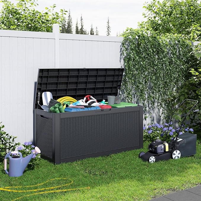 EasyUp 120 Gallon Waterproof Deck Box, Lockable Resin Outdoor Storage Box, Durable Storage Bin with Reinforced Hydraulic Rod for Patio Furniture, Garden Tools, Pool Accessories, Indoor Cushion, Black