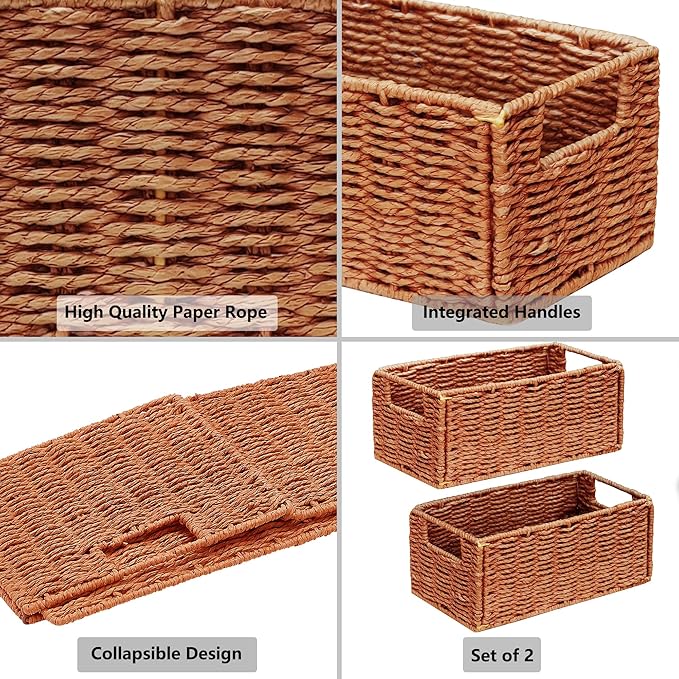 Vagusicc Wicker Storage Basket, Set of 2 Hand-Woven Paper Rope Wicker Basket, Small Storage Baskets for Organizing Toilet Paper, Foldable Small Cube Organizer Bins for Shelves (Orange)