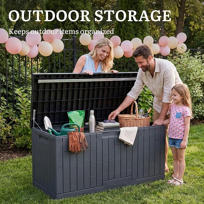 YITAHOME Outdoor Storage Box, 120 Gallon Waterproof Deck Box for Garden Tools, Patio Cushions, and Pool Accessories, Lockable, Easy Assembly, Versatile Bench or Table (Dark Gray)
