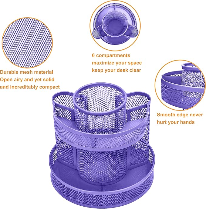 Annova Mesh Desk Organizer Rotate with 5 Compartments Round Spinning Tidy Candy/Pen Holder Desk Accessories Office, Art Supply, Storage, Classroom, Home (Purple)