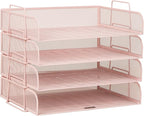 Mind Reader Stackable Paper Tray, Desktop Organizer, File Storage, Office, Metal Mesh, 4 Pcs., Pink
