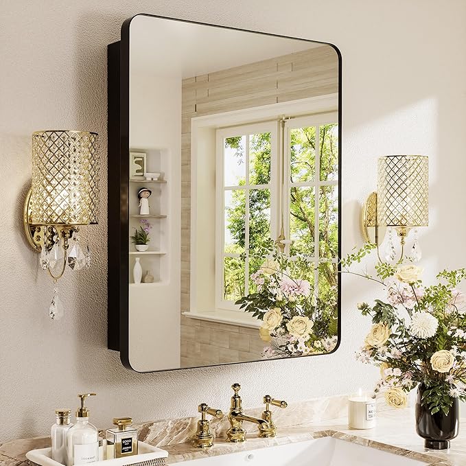 Medicine Cabinet with Mirror 16x24 Inch, Aluminum Bathroom Cabinet Recessed or Surface Mount, Black Frame with Six Adjustable Glass Shelves, Soft Close Hinge