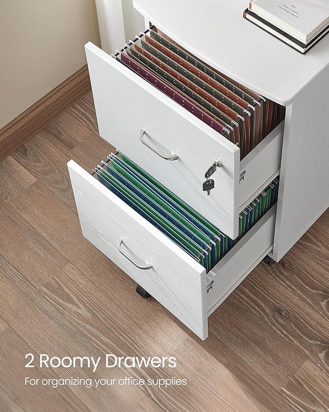 VASAGLE 2-Drawer File Cabinet, Locking Filing Cabinet for Home Office, Small Rolling Printer Stand, A4, Letter-Size Hanging Files, Assembly Required, Snow White ULCD027T46V2