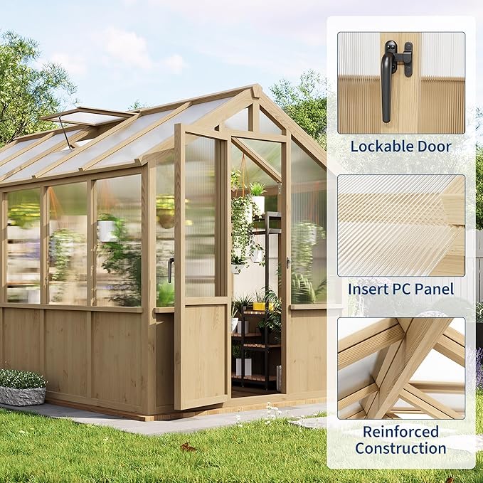 Heavy Duty Spruce Frame Wooden Greenhouse – Walk-in Outdoor Garden Outdoor Storage with Polycarbonate Panels, Adjustable Roof Vent, Lockable Door, Spacious Storage, Ideal for Patio, Lawn, 6x10