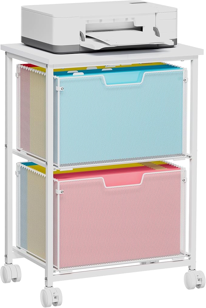 Letter/Legal Rolling File Cabinet, Rolling File Cart with 2 Drawers Filing Cabinet for Home Office, Hanging File Folders Organizer for Under Desk Storage, Mobile Printer Stand, White