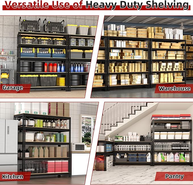 5-Shelf Heavy Duty Shelving - Adjustable Garage Storage Shelves, Metal Utility Storage Racks for Warehouse Pantry Basement Kitchen, Garage Organizers Shelf Unit, Black