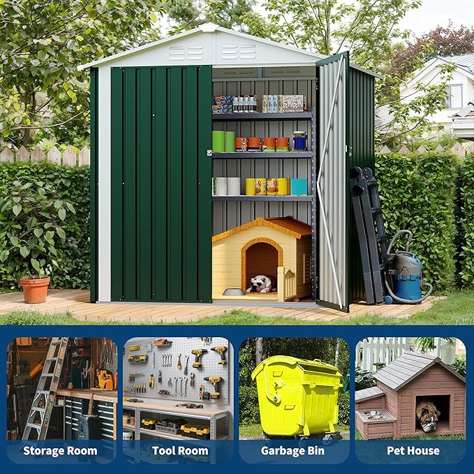 Outdoor Storage Shed, Weather Resistant Garden Shed with Gable Roof & Grid Window, Multi-Use Shed for Bikes, Lawn Mowers, Patio Supplies & Pet Shelter (Green, 6×4FT)