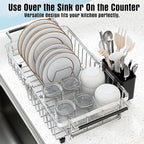 Expandable Dish Drying Rack in Sink,Stainless Steel Over The Sink Dish Drainer Drying Rack for Kitchen Counter,with Utensil Holder,Silver