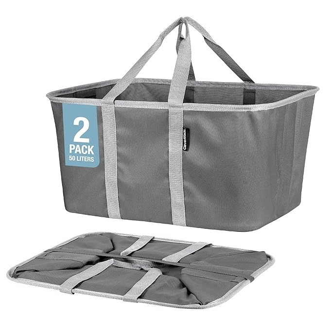 CleverMade Collapsible Laundry Tote 2-Pack (50L) – Foldable Carry-All Storage Bin for Laundry, Car Trunk, RV, Dorm & Home Organization - Charcoal