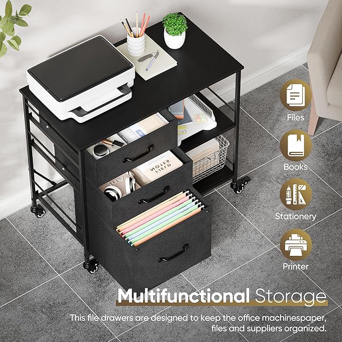 ZENY Lateral File Cabinet with 3 Drawers, Mobile File Cabinet Printer Stand, Rolling Fabric Lateral Filing Cabinet for Office Home Small Space (Black)