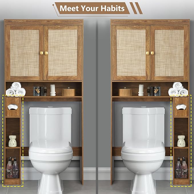 KIGOTY Over The Toilet Storage Cabinet, Bathroom Storage Organizer with 2 Doors, Toilet Rack with Adjustable Shelf,Freestanding Space-Saving Storage Rack for Toilet, Laundry Room,Brown