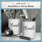 Home Acre Designs Vintage Farmhouse Utensil Holder - Stylish Countertop Organizer and Kitchen Decor Caddy - Stainless Steel Rim - White