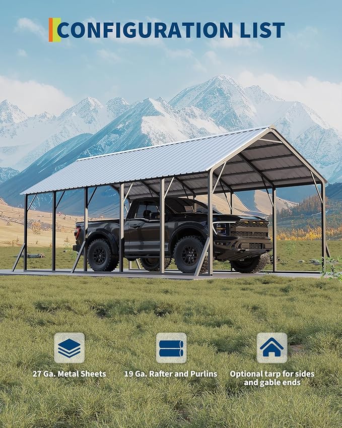 GarveeLife 13x26 ft Metal Carport with Vertical Roof, Heavy-Duty Metal Car Port 120° Steep-Pitch Roof, 133" High-Clearance for Full-Sized Pickups, Tractors, and Bass Boats