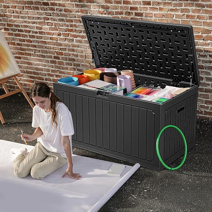DWVO 90 Gallon Double-Wall Deck Box, Large Resin Outdoor Storage Box, Lockable & Waterproof, Double as Seating, 450lbs Capacity (Black)