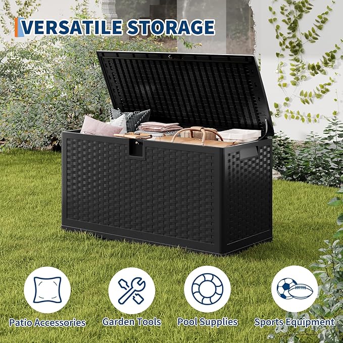 Garvee Outdoor Storage Box, 73 gal Large Waterproof Resin Deck Box Indoor Outdoor Use, Lockable UV Resistant Storage Bin for Patio, Garden, Cushions, Tools, Equipment, Black