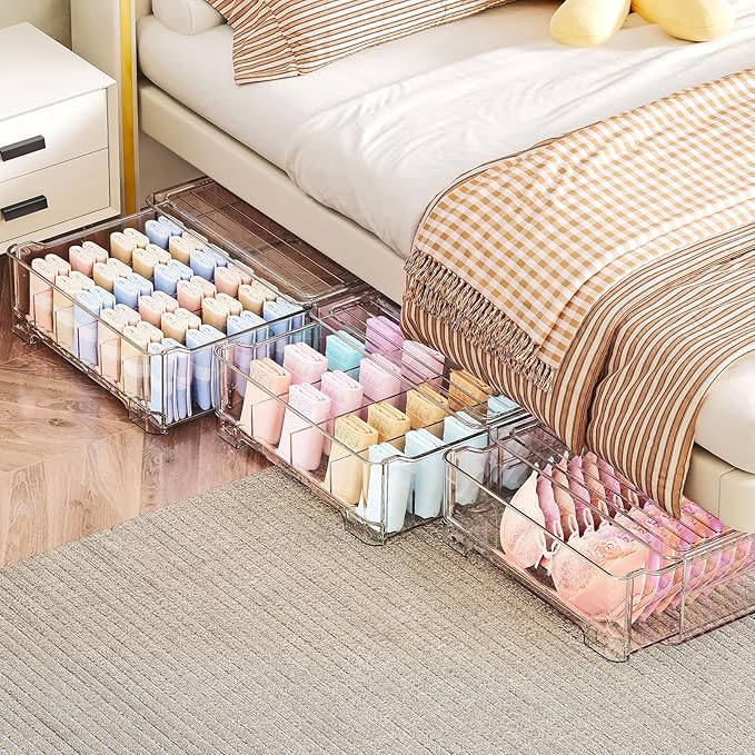 Underwear Drawer Organizer with Dividers, 24 Cell Stackable Sock Organizer for Closet, Plastic Underwear Storage Drawer for Closet, Bra Organizer for Baby Clothes, Panties, Belts, Ties, Scarf