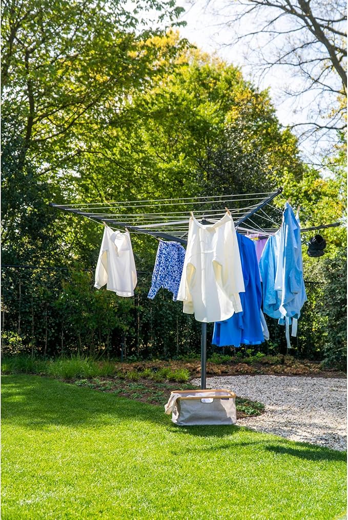 Brabantia Lift-O-Matic Outdoor 4 Arm Clothesline (164 ft/Ø 1.8") Height Adjustable, Folding Clothes Drying Rack + Ground Spike, Cover + Bag of Clothespins (Anthracite)