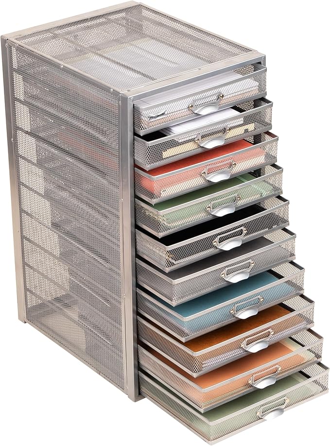 Mind Reader 10-Drawer Desk Organizer for Office Supplies, Crafts, Mail Sorting & More, Metal Mesh, 10.75"L x 14"W x 21.25"H, Silver