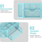 SUPEASY Mesh Desk Organizer, Desk Accessories & Workspace Organizers with Drawers, Pencil Holder for Desk with 9 Compartments for Office Suppliess, 8.6 x 4.3 x 4.1 Inch, Blue