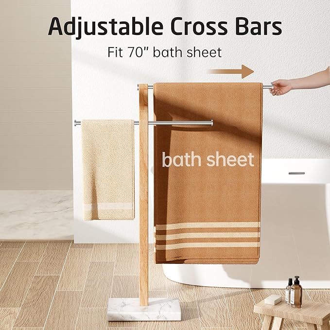 KES Width Adjustable Free Standing Towel Rack with 3X Thicker Weighted Natural Marble Base, 2-Tier Wooden Towel Rack Stand for Bathroom Floor, 18/8 Stainless Steel, Brushed Finish, BTH800-2