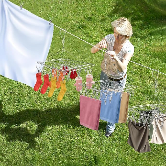 4 Pcs Hanging Drying Rack,Stainless Steel Herb Drying Rack with 30 Stainless Clips,Collapsible Swivel Drying Rack Windproof Hook for Drying Herb Air Plants,Flowers,Towel,Bras,Lingerie, Sock