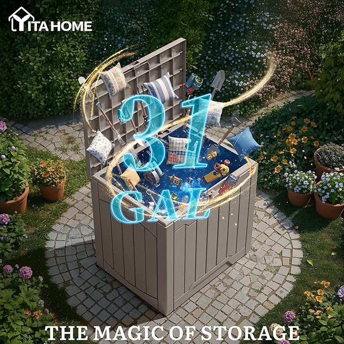 YITAHOME Outdoor Resin Storage Box 31 Gal, Water-resistant Patio Deck Box Outdoor Storage Box for Pillows, Garden Equipment, Securely Lockable, Light Brown