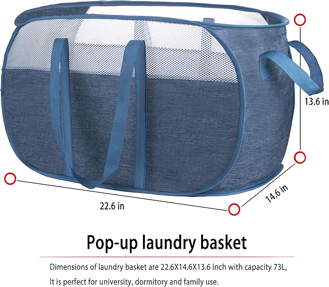 Pop Up Laundry Hamper，with Durable Handles collapsible laundry basket，Easy to Open and Fold for college Dorm,kids room，travel (2 blue)…