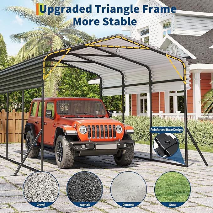 PeakPursuit Metal Carport, 10x15 FT Outdoor Car Port Canopy with Galvanized Steel Roof and Reinforced Base, Heavy Duty Garage Car Shelter Shade for SUV, Truck, Boats