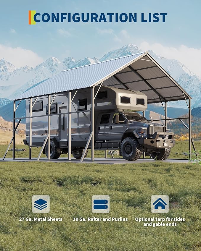 Garvee 20x20 ft Metal Carport Kit, 120° Steep-Pitch Vertical Roof for Snow Shedding, 173" High-Clearance RV & Tractor Shelter, Heavy-Duty 2 Cars Car Port with Reinforced Frame