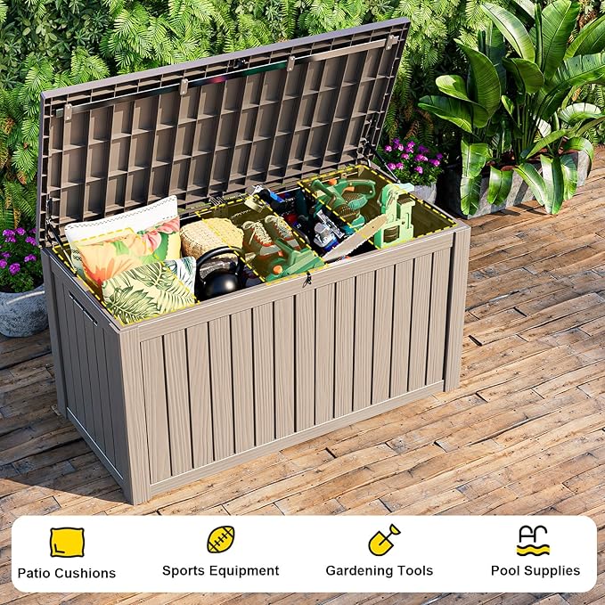 180 Gallon Deck Box Outdoor, Waterproof Outdoor Storage Boxes with Lids, Outside Resin Lockable Storage Box for Patio Cushions, Garden Tools(Grey)