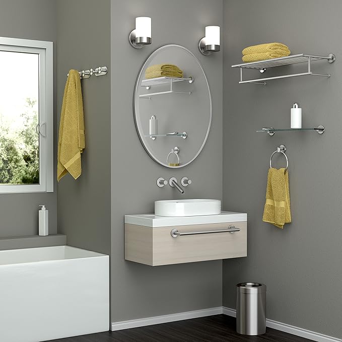 Gatco 4646 Glam Glass Shelf, 20 Inch, Satin Nickel / Wall Mounted 20.13" X 5.50" Tempered Curved Glass Shelf