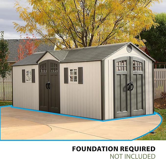 Lifetime 20 x 8 Ft. Outdoor Storage Shed with Steel Reinforced HDPE Walls, Lockable Doors, Windows, Skylights, Adjustable Shelving, Slip‑Resistant Floor, UV‑Protected Backyard Shed