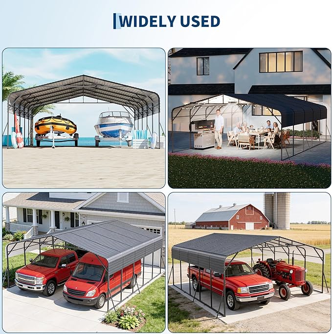 20x25FT Metal Carport w/Led Light,Outdoor Portable Car Garage for Multiple Vehicles,Reinforced Base & Galvanized Steel Roof, Outdoor Car Port Canopy Shelter for Boats, Full-Sized Pickup Trucks