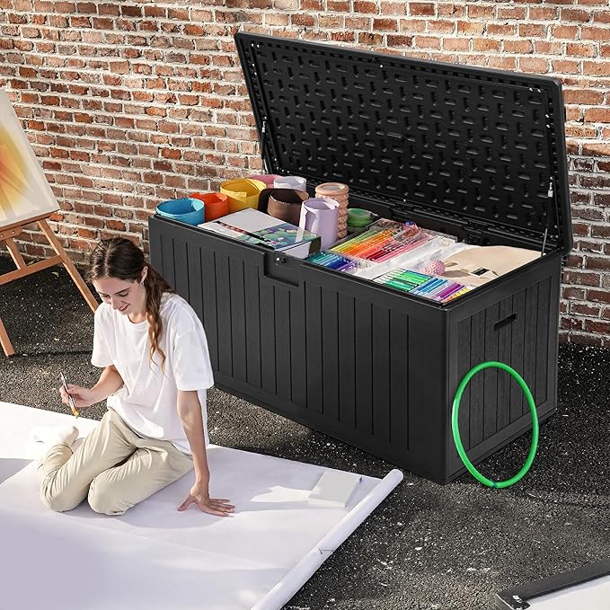 DWVO 150 Gallon Double-Wall Deck Box, XL Large Resin Outdoor Storage Box, Lockable & Waterproof, Double as Seating, 1000lbs Capacity (Black)